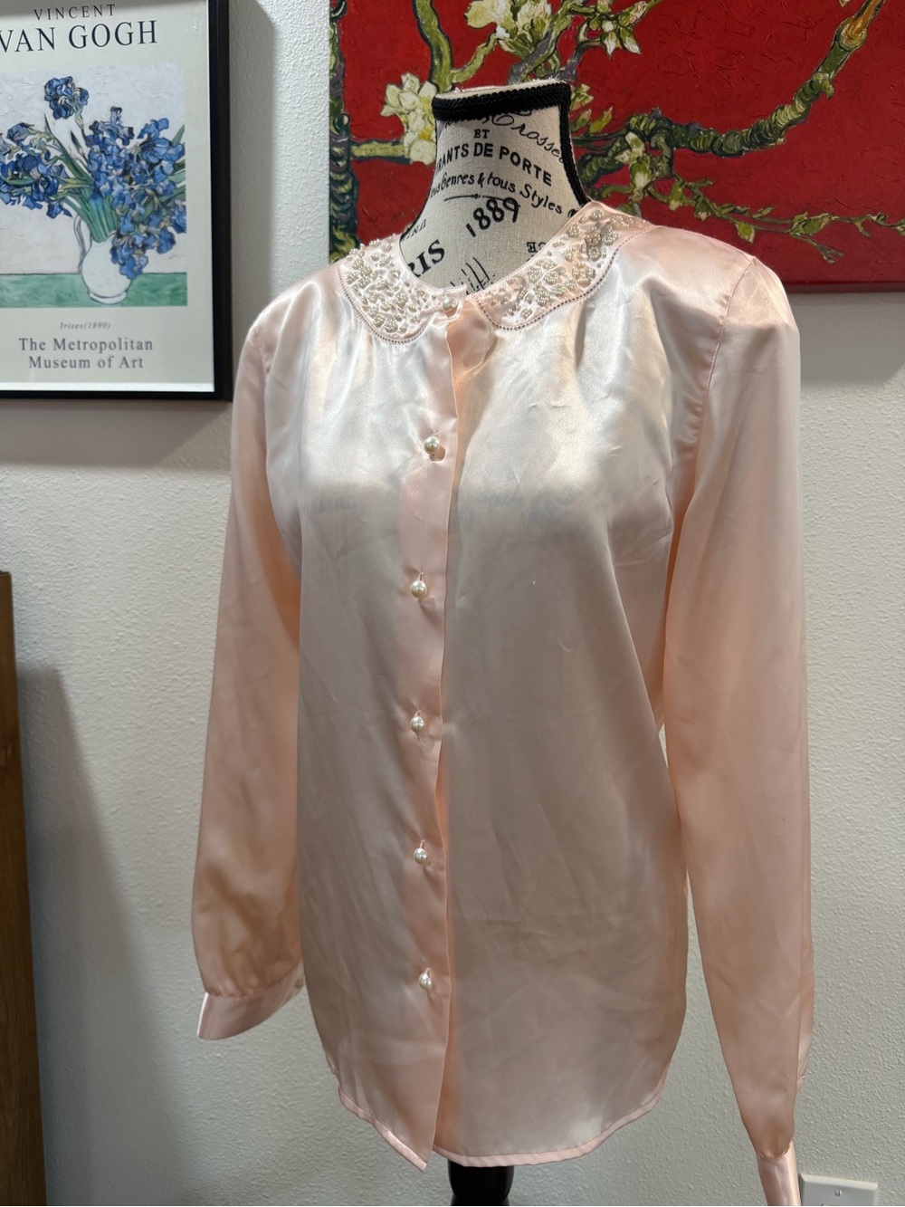 Vintage Charter Club Pink Satin Blouse Beaded Collar Size 6
